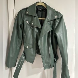 Zara Cropped Green Leather Jacket